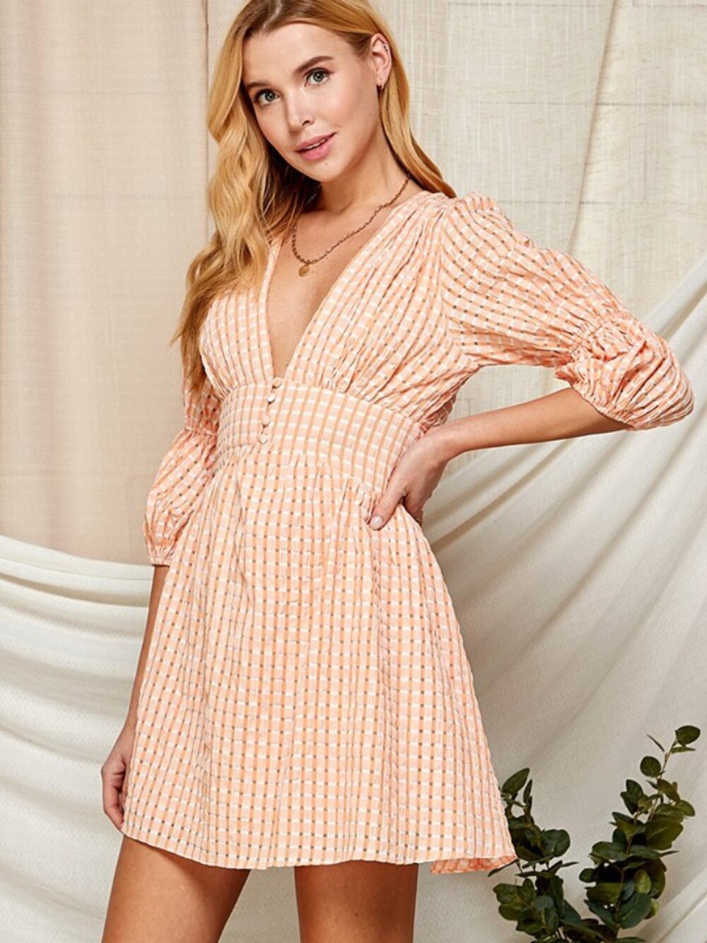Women's Textured Gingham Mini V-neckline‎ Dress